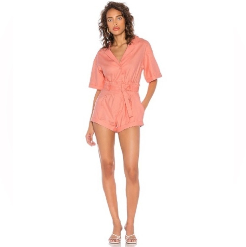 For Love & Lemons Pink Millie Linen Blend Romper in Mango US XS